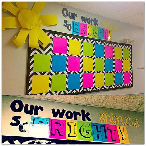 Hallway Bulletin Board- "Our Work Shines So Bright" We Shine Brighter Together Classroom, Look At Our Work Bulletin Board, Kindergarten Hallway Work Display, Future Is Bright Bulletin Board, Bright Bunch Bulletin Board, Bright Work Bulletin Board, Bulletin Board Theme Ideas, Future Is Bright Theme, Bulletin Board Color Schemes