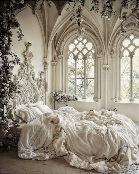 Old Castle Bedroom, White Gothic Bedroom, White Castles, Goth Interior, Gothic Decor Bedroom, Royal Room, Castle Bedroom, Wedding Bed, Gothic Room