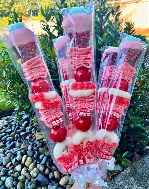 Chocolate Covered Strawberry Marshmallow; Lemonade Sour Belts; Watermelon Ring; Strawberry Bar; Gumballs Strawberry Kabobs, Candy Skewers, Gummy Candy Kabobs, Candy Kabobs, Kabob Skewers, Chocolate Covered Marshmallows, Strawberry Candy, Party Sweets, Chocolate Covered Strawberry