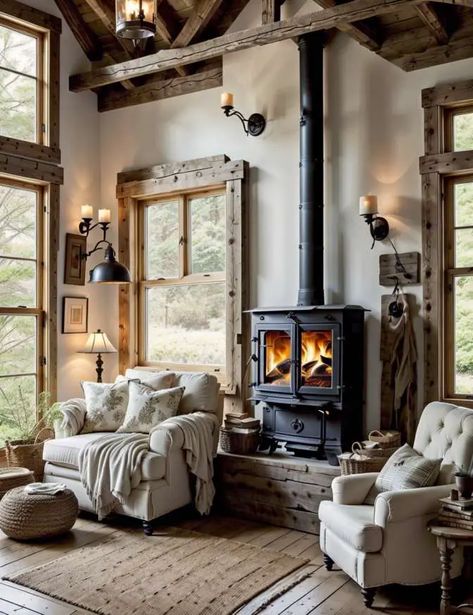 19 Ideas for Wood Stoves in Farmhouse Living Rooms Farmhouse Fireplace Living Room, Rustic Interior Design Farmhouse Style, Small Farmhouse Living Room, Fireplace Screens With Doors, Natural Wood Trim, Antique Living Room, Farmhouse Wall Sconces, Farmhouse Living Rooms, Happy Homemaking