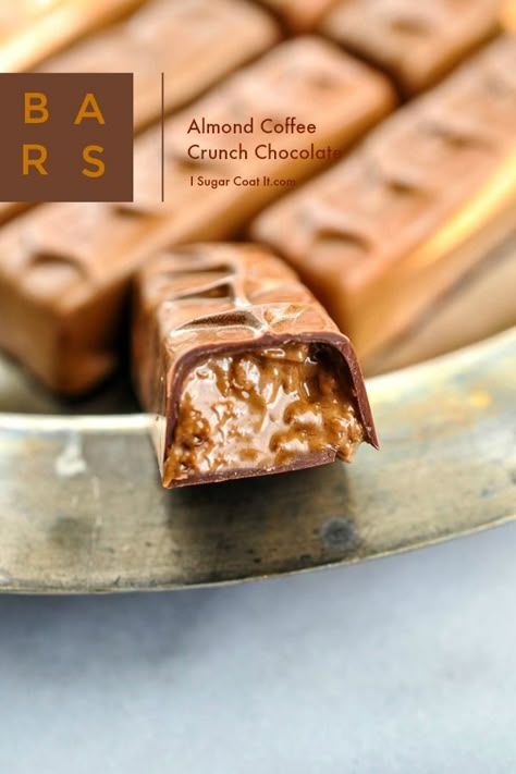 Almond Coffee Crunch Chocolate Bars - I Sugar Coat It Chocolatier Recipes, Coffee Crunch, Crunch Chocolate Bar, Bonbons Recipe, Chocolate Bonbons Recipe, Crunch Chocolate, Bon Bons Recipe, Almond Coffee, Chocolate Bar Recipe