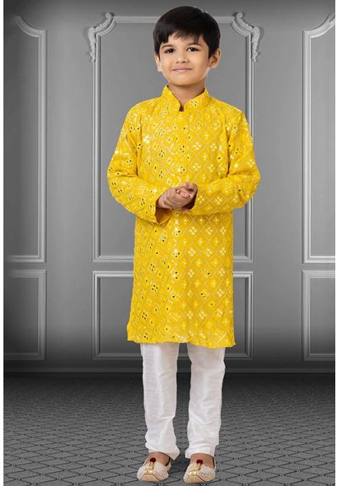 Yellow Embroidered Georgette Kids Kurta Set Sept Wedding, Kids Kurta Pajama, Boys Kurta Design, Indo Western Outfits, Kids Kurta, Kids Wear Boys, Haldi Outfits, Haldi Outfit, Kurta Men