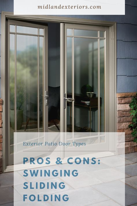 Pros & Cons of patio door styles: swinging vs. sliding vs. folding & bifold doors | Quality exterior renovation and home remodeling ideas and inspiration on a budget for your dream home. Tips on choosing types and colors for siding, windows, doors, and gutter options to increase your house curb appeal. Don't miss our before and after photos! | Midland Exteriors, Manhattan, Topeka, & Emporia, Kansas. Sliding Door Options Exterior, Sliding Door Alternative Exterior, Alternative To Sliding Glass Doors, Sliding Glass Door Replacement Ideas, Bifold Doors Onto Deck, Replace Sliding Glass Door, Farmhouse One Story, Patio Doors Ideas, Back Patio Door