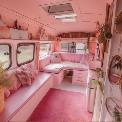 Barbie Rv Campers, Cute Van Interior, Pink Camper Van Interior, Pink Van Life, Pink Rv Interior, Pink Camper Interior, Barbie Dream House Decor, Pink Mobile Home, Cute Camper Interior