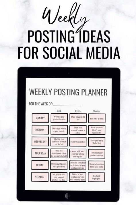 These weekly posting ideas for social media will help you speed up your content creation process. With this free social media planner template you will get ideas for an entire week of posting. Download these content ideas and the template at  #Weekly Posting Ideas, Weekly Social Media Planner, Free Social Media Planner, Social Media Planner Template, Free Business Logo, Social Media Strategy Templ Weekly Posting Ideas, Weekly Social Media Planner, Instagram Post Template Business, Aesthetic Study Planner, Free Social Media Planner, Social Media Planner Template, Study Planner Template, Social Media Strategy Template, Instagram Business Marketing