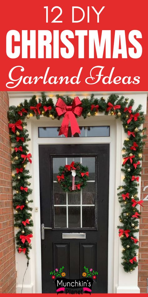 Check out these inspiring DIY Christmas Garland Ideas for the staircase, front door, and fireplace mantel to add festive cheer to your home. #christmasdecor #garland #diydecor Door Frame Christmas Garland, Outdoor Door Garland Christmas, Garland On One Side Of Door, Diy Front Door Christmas Garland, Diy Xmas Garland Ideas, Garland Around Door Frame Outside, Front Door Christmas Garland Ideas, Front Door Christmas Decor Diy, Christmas Tinsel Garland Ideas