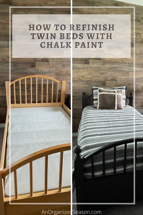 How to refinish twin beds with chalk paint for a whole new look! #anorganizedseason # chalkpaint #paintedfurniture #furnituremakeover #chalkpaintedfurniture #upcycledfurniture #refinishedfurniture #upcycle via @anorganizedseason Painted Bunk Beds, Chalk Paint Bed, Painted Bed Frames, Black Iron Beds, Rustoleum Chalk Paint, Painted Kitchen Tables, Diy Paint Projects, Painted Beds, Black Chalk Paint