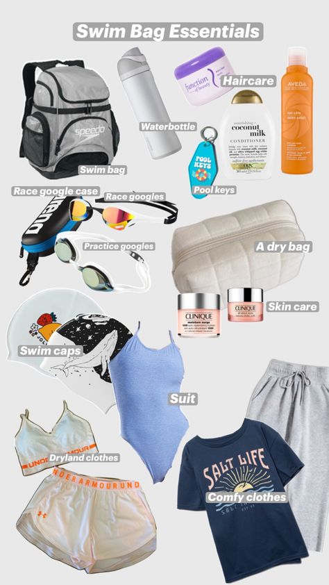 Everything you need in a swim bag Swim Bag Essentials, Swimmer Girl, Swim Aesthetic, Benefits Of Swimming, Swimming Motivation, Swimming Memes, Swimming Pictures, I Love Swimming, Swimming Outfits