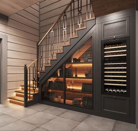 Wine Room Under Staircase, Under Staircase Ideas, Understairs Ideas, Staircase In Living Room, Under Stairs Wine Cellar, تحت الدرج, درج السلم, Staircase Interior Design, Staircase Design Modern