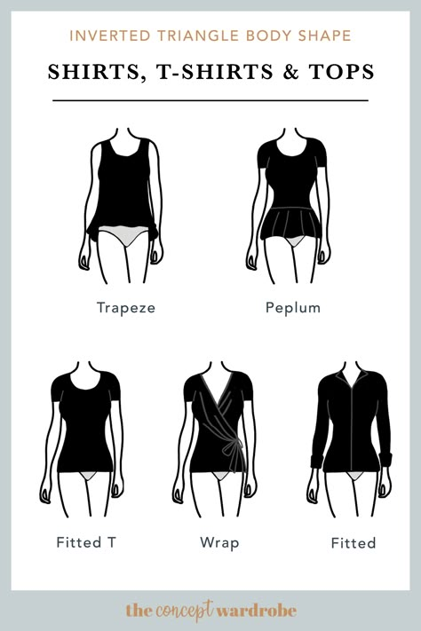 the concept wardrobe | A selection of great shirts, T-shirts, and tops for the inverted triangle body shape. Tops that flare from the hips work best for this body shape. The Concept Wardrobe Inverted Triangle, Tops For Triangle Body Shape, What To Wear Inverted Triangle Shape, Clothing For Inverted Triangle Body Type, Triangle Figure Outfits, Introverted Triangle Outfits, Inverted Triangle Shirts, Best Tops For Broad Shoulders, Shirts For Inverted Triangle Shape