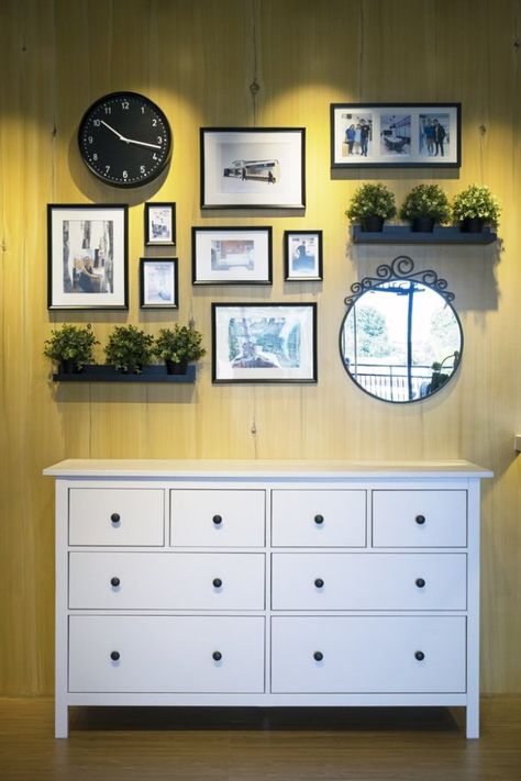 Gallery Wall With Clock And Mirror, Gallery Wall With Small Pictures, Photo Wall Collage Above Dresser, Photo And Mirror Wall Ideas, Wall Decor With Frames And Plants, Plants And Photos Wall, Picture Wall With Clock In Middle, Photo Wall With Clock, Small Gallery Wall With Mirror