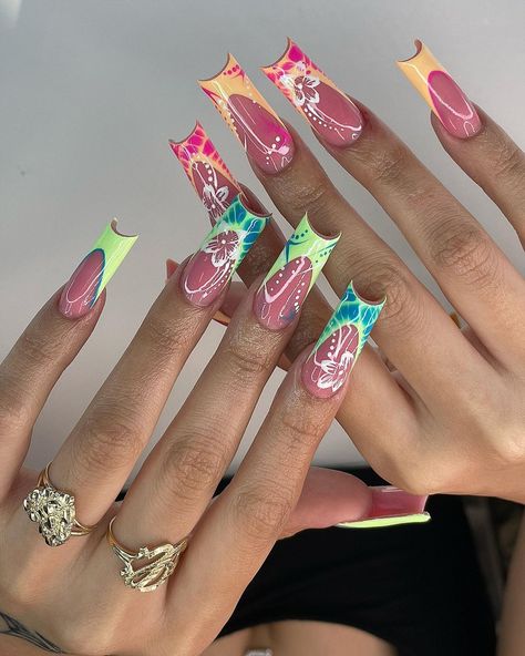 THENAILTECH💅🏽 | Tropical summer💚🧡😍😍 #nailsnailsnails #nailart #nailthreads #nailtrends #naillife #nails2inspire #nailstagram #nailaddict #naildesigns #na… | Instagram Green Nails Flower, Tropical Acrylic Nails, Summer Nails Neon Pink, Cute Nails Square, Long Nails Summer, Pink Green Nails, Square Summer Nails, Summer Nails Neon, Lux Nails