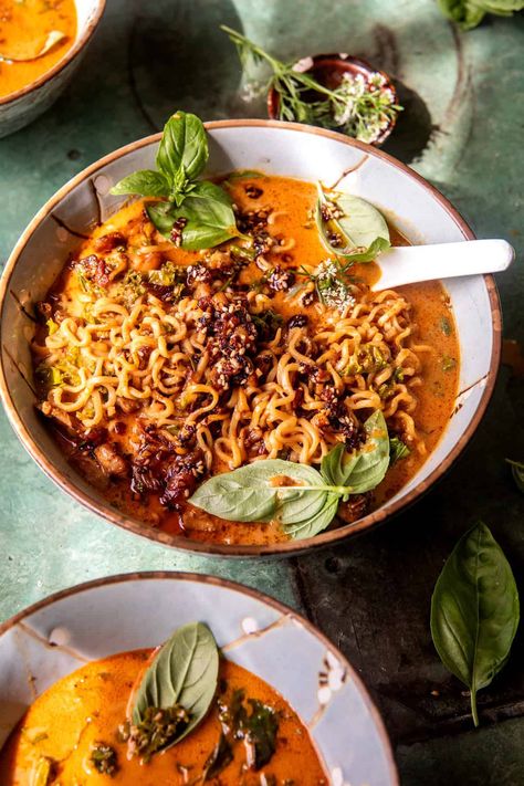 30 Minute Crispy Thai Peanut Chicken Ramen | halfbakedharvest.com Pioneer Woman Ramen Pho, Ramen Recipes With Chicken, Easy Thai Dishes, Trader Joe’s Ramen Recipe, Easy Chicken Ramen Recipes, Spicy Ramen Recipes, Simple Ramen Recipes, Thai Curry Ramen, Recipes With Ramen Noodles