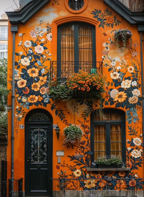 Funky Houses Exterior, Eclectic House Exterior, Orange House Exterior, Colorful Home Exterior, Spanish Eclectic Home, Orange Front Door, Brick Wall Texture, Pintura Exterior, Eclectic House