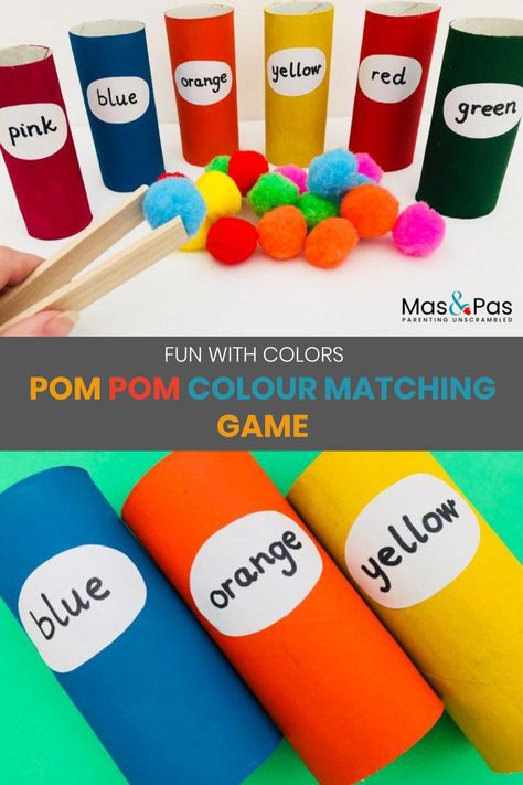 Have fun with colors with this easy pom pom game which will help your toddler learn all about colors. The aim of the game is simple. Your child has to pick up pom poms and ‘post’ them in the coloured tube that matches. You can make this game using primary and most common colours at first then extend it by painting your cardboard tubes with some more unusual colours, such as turquoise, violet and burgundy to widen their colour knowledge. #learningactivity #kidsactivity #learningfun Colour Recognition Activities Preschool, Pre Schooler Craft Activities Ideas, Colour Recognition Activities Toddlers, Colour Recognition Activities, Pre Nursery Activities, Pre Schooler Activities Ideas, Pre Schooler Crafts, Learning Colors Activities, Colour Monster