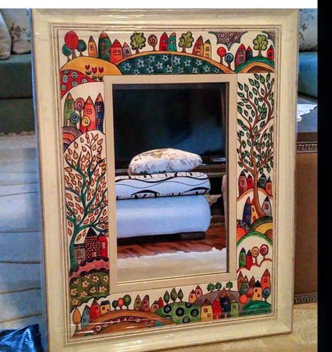 Wooden Frame Decoration Ideas, Vintage Hand Painted Furniture, Diy Mirror Wall Decor, Painted Mirror Art, African Figurines, Mosaic Art Diy, Mirror Frame Diy, Kerala Mural Painting, Diy Abstract Canvas Art