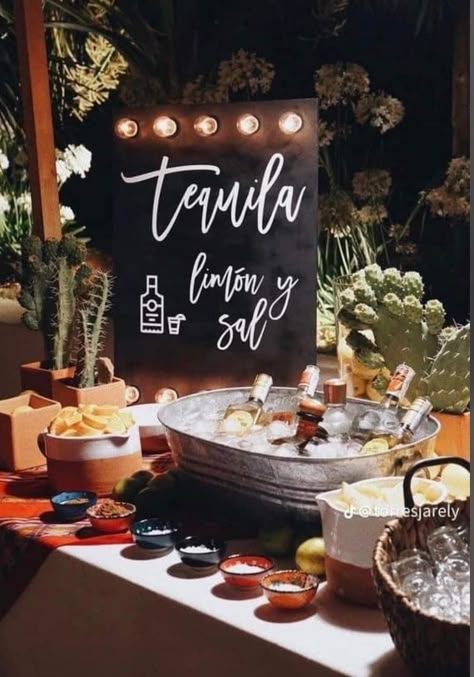 Tequila Table Ideas, Tequila Bar Wedding, Tequila Station, Tequila Party Decoration, Tacos And Tequila Party, Taco Bar Wedding, Tequila Party, Mexican Bar, 21st Bday Ideas