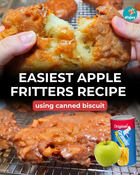 Make these delicious apple fritters coated in a sweet cinnamon glaze using canned dough biscuits! Recipe Using Canned Biscuits, Easy Apple Fritters Recipe, Apple Fritters Recipe, Apple Turnover Recipe, Cornbread Muffins Recipe, Bacon Chili, Cinnamon Glaze, Diy Joy, Slushie Recipe