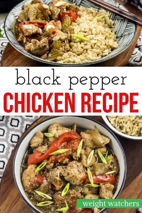 This WW Black Pepper Chicken is easy to make and goes great with riced cauliflower! A healthy delicious Asian inspired chicken recipe. #ww #myWW #weightwatchers #chickenrecipes #healthyrecipes Easy Black Pepper Chicken, Black Pepper Chicken Recipe, Pepper Chicken Recipe, Black Pepper Sauce, Black Pepper Chicken, Recipes With Chicken And Peppers, Dinner Ideas For Two, Chicken Casserole Recipes, Dinner Ideas Recipes