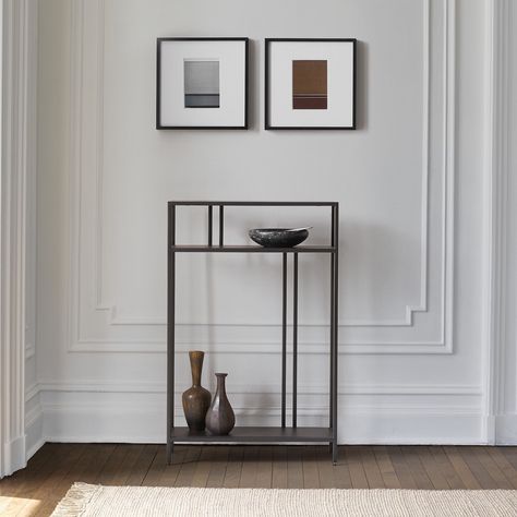 Scandinavian Sunroom, Small Entry Table Decor, Entry Way Closet, Family Room Modern, Hallway Shelf, Narrow Console Table, West Elm Kids, Foyer Decor, Iron Shelf