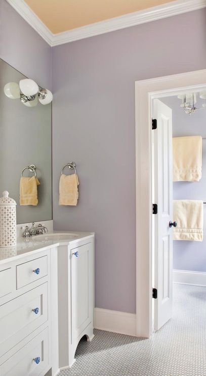 Lavender Bathroom Walls, Lilac Bathroom Ideas, Bathroom Ideas Color, Lilac Bathroom, Bathroom Cabinet Colors, Serenity Color, Lavender Bathroom, Purple Bathroom Decor, Peach Bathroom