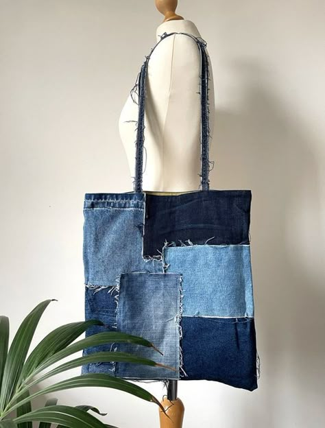 Handmade Reversible Patched Denim Tote Bag - Etsy UK #jeansbagpatterns #jeanbagspatternideas #recyclejeansbagpattern Diy Bags Jeans, Denim Diy Clothes, Ropa Upcycling, Olive Colour, Upcycled Tote, Jean Bag, Patched Denim, Patchwork Tote Bags, Daily Bag