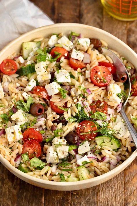 Greek Orzo Salad (Orzo feta salad) - My Greek Dish Orzo Feta Salad, Feta Orzo Salad, Orzo Feta, Salad Orzo, Feta Orzo, Salad Feta, Greek Orzo, Greek Orzo Salad, Salad Appetizer Cups