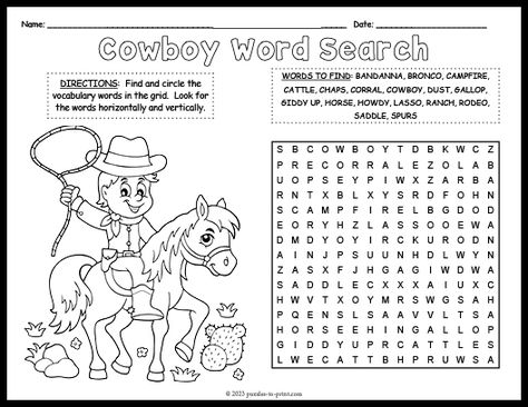 Free Printable Cowboy Word Search Wild West Activities For Kids, Birthday Horses, Wild West Activities, Preschool Pages, Child Care Activities, Wild West Crafts, Cowboy Camp, Western Themed Party, Word Search Puzzles Printables