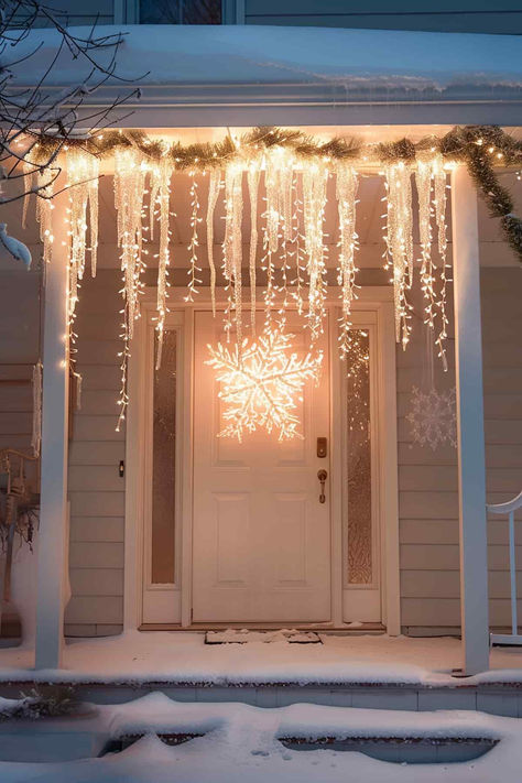 39 Winter Front Porch Decor Ideas: Inviting, Pretty Entrances Hanging Christmas Porch Decor, Snowflake Christmas Lights On House, Outdoor Christmas Decorations Townhouse, Hanukkah Front Porch Decor, New Year Outdoor Decoration, Christmas Decoration House Outdoor, Outside Yard Christmas Decorations, Snowflake Porch Decorations, Hanging Snowflakes Front Porch