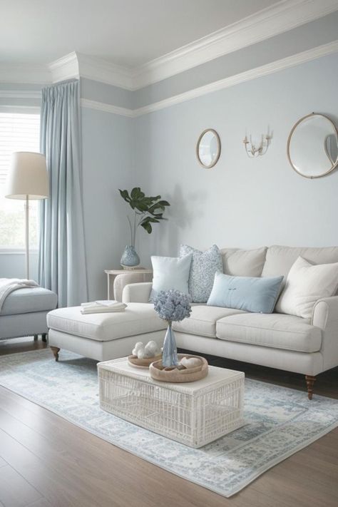 Baby Blue Living Room, Cozy White Living Room, Cream Grey Living Room, Sky Blue Living Room, White And Gold Living Room, Blue Living Room Color Scheme, Beige And Grey Living Room, Master Living Room, Blue Living Room Color