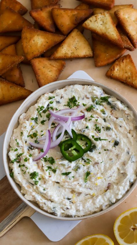 Cava Pita Chips, Copycat Cava, Cava Copycat, Crazy Feta, Chip Recipe, Lamb Meatballs, Roasted Onions, Feta Dip, Pita Chips