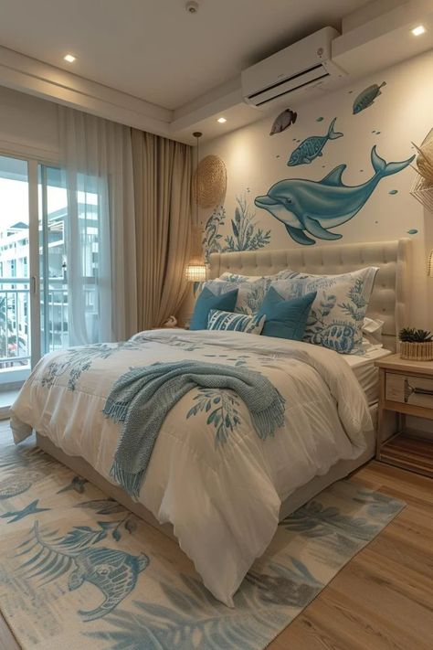 15 Aesthetic Coastal Bedroom Ideas for a Dreamy Retreat 20 Bedroom Beach Decor, Curtains Aesthetic, Ocean Room Decor, Farmhouse Island, Blue And White Bedroom, Ocean Bedroom, Coastal Bedroom Ideas, Chic Living Room Decor, Bedroom Beach