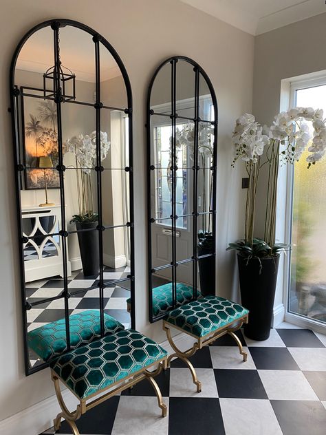 Large black mirrors, with bespoke turquoise honeycomb footstools with gold. Foyer Mirror Ideas Entry Ways, Gold Mirror Living Room, Arch Mirrors, Foyer Mirror, Washing Area, Black Arch, Mirror Decor Living Room, Living Room Mirror, Mirror Dining Room