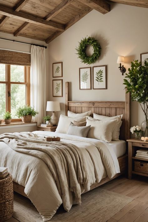 Bedroom Inspirations Master Natural Wood, Dark Wood And Cream Bedroom, Cottage Cozy Decor, Rustic Cottage Bedroom Ideas, Lake Cottage Bedroom Ideas, Master Bed Decor, Cozy Master Room, Farm Style Bedroom, Neutral Master Bedrooms Decor