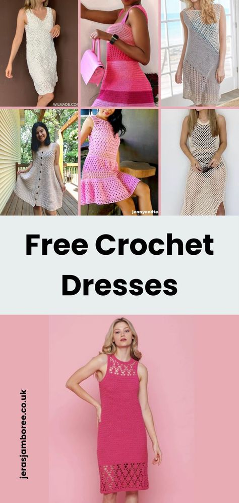 montage of 7 different summer crochet dresses styled on women made from free crochet patterns Crochet Dress Tutorial Free Pattern, Crocheted Dresses For Women, Free Crochet Dress Patterns For Women, Crochet Fashion Dresses, Crochet Dress Pattern Free Women Simple, Crochet Dress Patterns, Summer Crochet Patterns Free, Crochet Sweater Dress, Crochet Dress Pattern Free