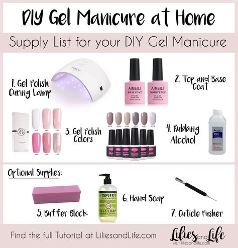 Gel manicure at home with gel manicure supplies from Amazon including the UV light, top and base coat, colors and other DIY gel manicure supplies Winter Gel Nails, Gel Manicure Diy, Diy Gel Manicure, Gel Manicure Colors, Gel Nail Tutorial, Manicure Tutorials, Gel French Manicure, Gel Manicure At Home, Home Manicure