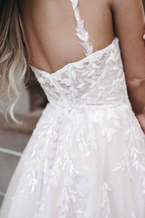 A Line Wedding Dress Removable Skirt, Wedding Dress Flower Straps, Small Strap Wedding Dress, Wedding Dress Sweetheart With Straps, Straps Added To Strapless Wedding Dress, Wedding Dress Texture, Wedding Dress Leaves Lace, Beaded A Line Wedding Dress, 2025 Wedding Dresses Trends