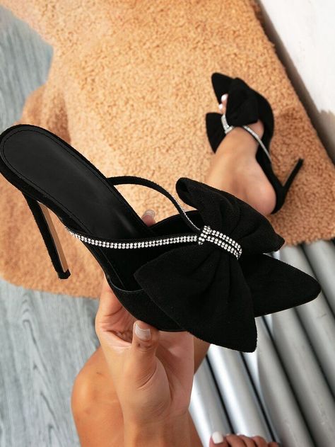 Suedette Rhinestone & Bow Decor Mule Sandals | SHEIN Cute Heels Classy, High Hill Shoes, Elegant Shoes Heels, Summer Sandals Heels, Mules Women, Trendy Heels, Pretty Shoes Sneakers, Fashion Shoes Heels, Shoes Heels Classy