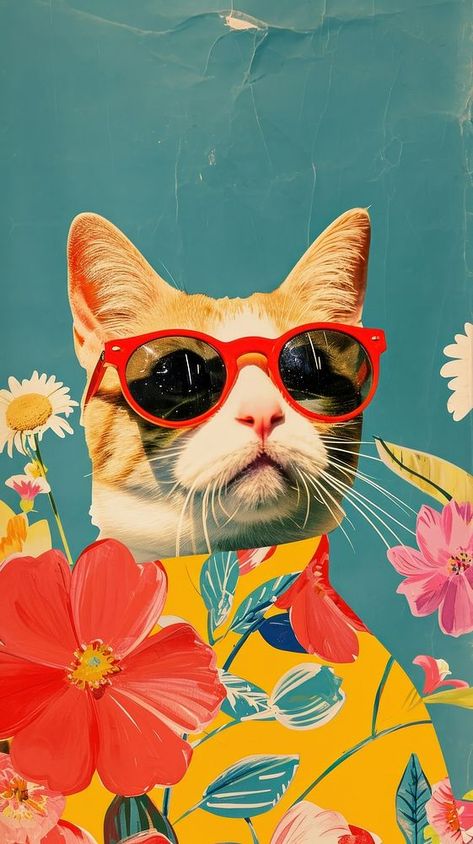 Cat Posters Art Prints, Red Cute Wallpaper, Sunglasses Portrait, Collage Cat, Cat With Sunglasses, Wallpaper Cats, Cat Phone Wallpaper, Retro Collage, Summer Cat