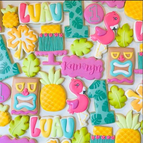 Flamingo 1st Birthday Party, First Birthday Luau, Gracie Corner, Luau Cookies, Tropical Birthday Cake, Hawaiian Cookies, Birthday Luau, First Birthday Cookies, Luau Birthday Party