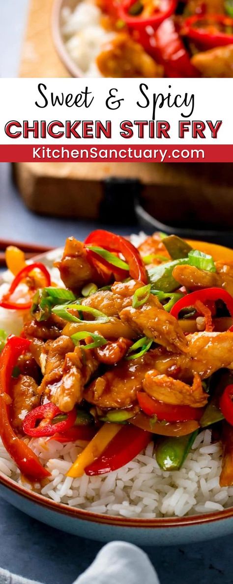 My tasty Sweet & Spicy Chicken Stir Fry - a quick mid-week meal with a kick of chilli heat that you can get on the table in less than 20 minutes! This is a sweet and spicy version – made using sweet chilli sauce, chillies and brown sugar - plus a few other goodies. If you don’t want too much heat, then leave out the fresh chillies – my kids still eat every bite even with a little sweet chilli sauce! Serve with rice or noodles. Quick Chicken Stir Fry, Sweet Spicy Chicken, Sweet Chilli Chicken, Wok Recipes, Sweet And Spicy Chicken, Chinese Chicken Recipes, Homemade Chinese Food, Asian Stir Fry, Spicy Chicken Recipes