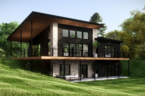 House Plans For Sloping Land, Sloped Lot House Plans Walkout Basement, Steep Hillside House, Lake Cottage House Plans, House On Land, House Built Into Hillside, Garfield House, Modern Mountain House Plans, Slope House Design