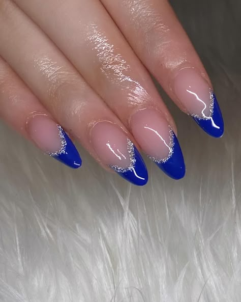 cinderella vibes 👠✨ • follow @nailsbyovalle for more nail inspo 🎀 • - - - - - - - #nails #almondnails #acrylicnails #frenchtipnails #frenchtips #naildesign #simplenails #explore #bluenails #exploremore #explorepage Rod Wave Concert Nails, Blue And Silver French Tips, Navy Blue French Tip Nails Almond Short, Royal Blue French Nails, Blue French Tip Nails Almond, Royal Blue And Gold Nails, Blue Nails With Silver, Blue And Silver Nail Designs, Blue Nails French Tip