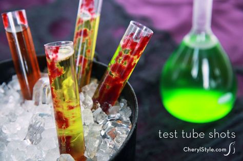 Test Tube Shots, Easy Cocktail Recipes, Fright Fest, Halloween Shots, Recipes Halloween, Cherry Sauce, Easy Cocktail, Spooky Treats, Test Tubes