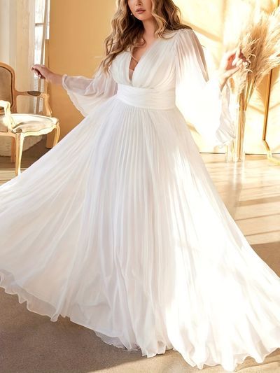 Chiffon White Dress, Plus Wedding Dresses, Cinderella Divine, Pleated Chiffon, White Dress Party, Sleeve Wedding Dress, White Chiffon, Chiffon Gown, Curvy Dress