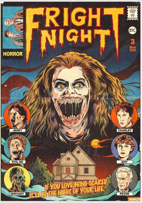 Fright Night Poster, Horror Movie Artwork, Retro Horror Art, Vintage Horror Comic, Fright Night 1985, Horror Pics, Dusk Til Dawn, Halloween Flash, Zine Ideas