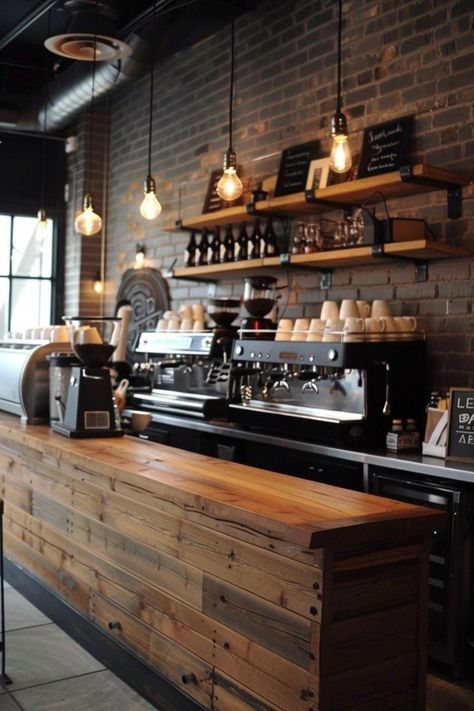 Turn your coffee routine into a daily ritual with these creative coffee bar ideas. #WhiskeyWonders Industrial Coffee Shop, Rustic Coffee Shop, Coffee Shop Counter, Bakery Design Interior, Small Coffee Shop, Coffee Shop Interior Design, Cozy Coffee Shop, Coffee Shop Ideas, Coffee Shop Bar