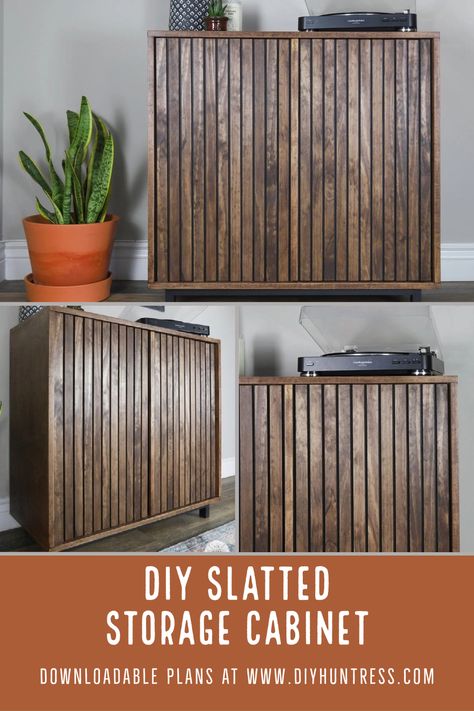 Make your own modern slatted storage cabinet with the plans and tutorial at DIY Huntress. This DIY storage cabinet makes great record storage and the mid century modern design makes it the perfect piece of modern furniture for your space! #mcmcabinet #diystorage #woodworking Diy Patio Cabinet, Diy Wooden Cabinet, Wood Slat Cabinet Doors Diy, Diy Patio Storage Cabinet, Diy Server Cabinet, Diy Sliding Cabinet Doors, Diy Wood Cabinet, Scrap Wood Furniture, Diy Storage Cabinet