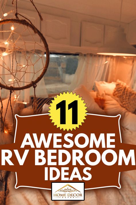 RV Bedroom Ideas: Spacious and Cozy Motor Home Bedroom Design Boho Camper Bedroom Ideas, Rv Bedroom Curtain Ideas, Romantic Rv Bedroom, Boho Rv Bedroom Ideas, Fifth Wheel Bedroom Ideas, Small Rv Bedroom Ideas, Rv Lights Interiors, Rv Interior Lighting Ideas, Rv Bedroom Makeover Ideas