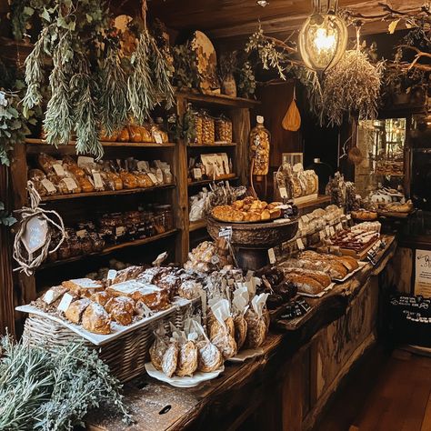 Tea And Bakery Shop, Small General Store Ideas, Medieval Bakery Aesthetic, Bakery Interior Vintage, Witchy Bakery Aesthetic, Witch Bakery Aesthetic, Dark Academia Bakery, Cute Store Aesthetic, Artisan Bakery Interior